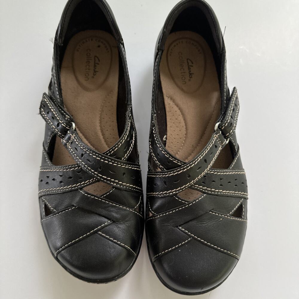 Clarks Collection Women's Black Leather Ashland Buckle Strap Comfort 7.5 EUC